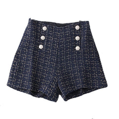High Waist Tweed Shorts - Blue / M