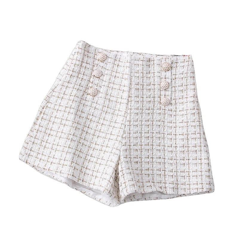 High Waist Tweed Shorts - White / L
