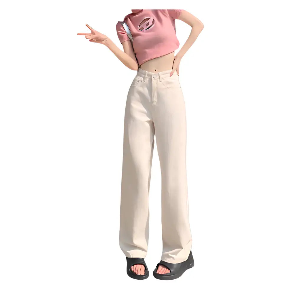 High Waist Wide Leg Denim Jeans for Women Beige / S