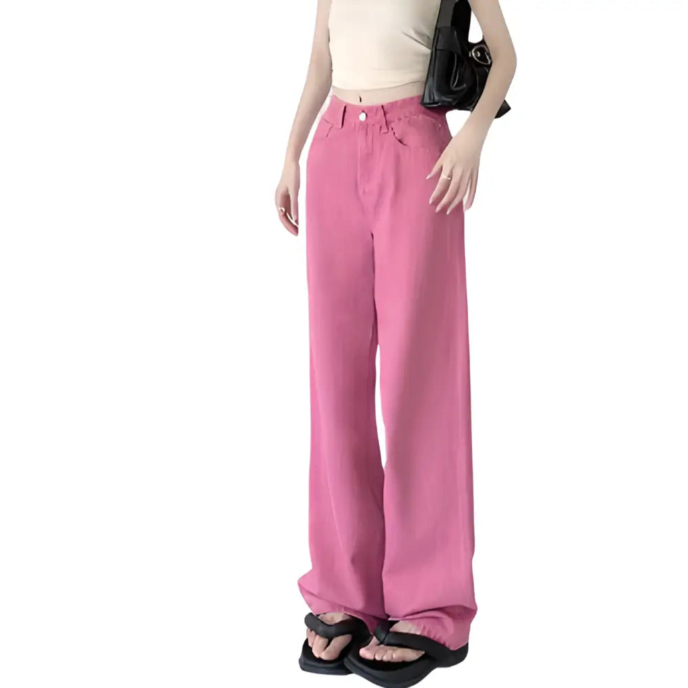 High-Waist Wide Leg Denim Jeans - Pink / S