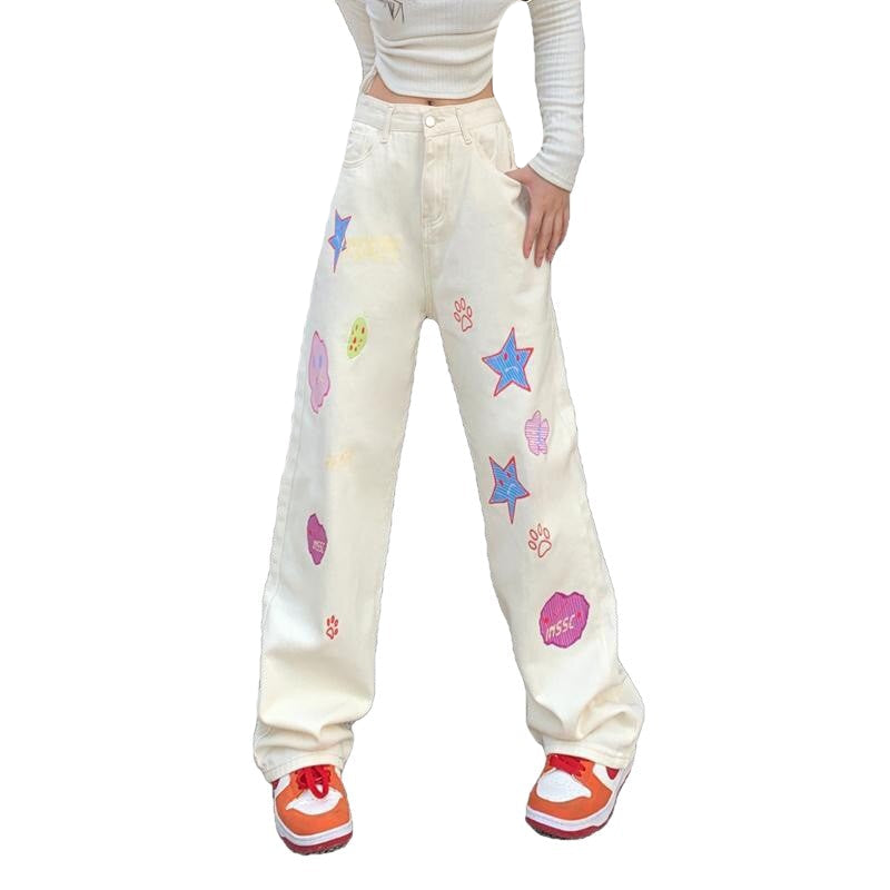 Y2K Aesthetic Embroidered High Waist Wide Leg Pants - White