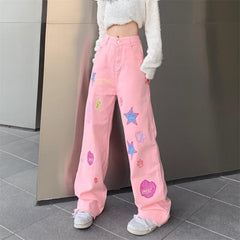 Y2K Aesthetic Embroidered High Waist Wide Leg Pants - Pink /