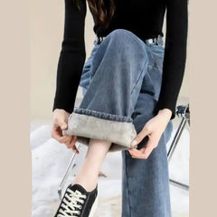 High Waist Wide Leg Velvet Jeans for Women Blue / XS