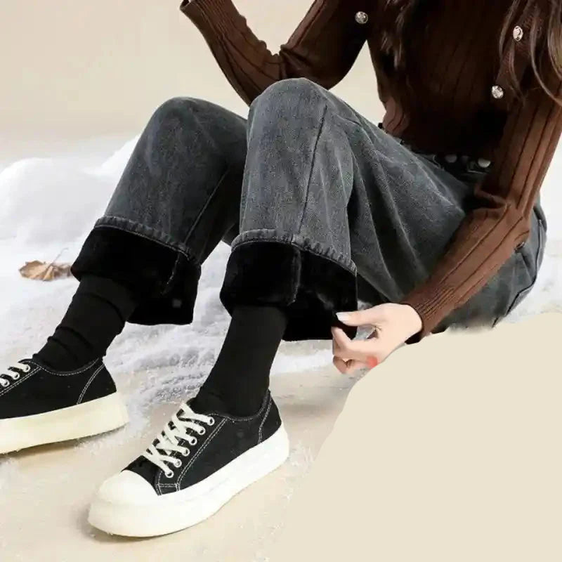 High Waist Wide Leg Velvet Jeans for Women