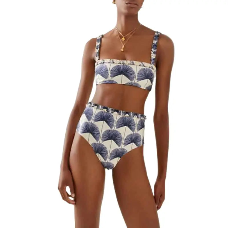 High Waisted Printed Three Piece Swimsuit for Women Beige