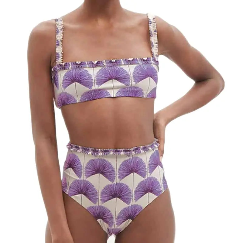 High Waisted Printed Three-Piece Swimsuit - Purple / S - Set