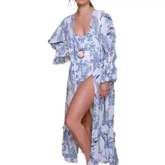 Ring Print One Piece Swimsuit High Waist Flared Sleeves