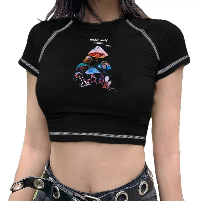 Higher World Senseless Mushroom Print Crop Top Black / S