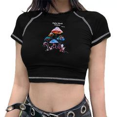 Higher World Senseless Mushroom Print Crop Top Black / S
