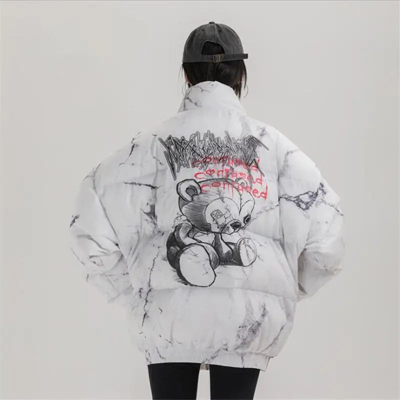 Hip Hop Hurt Bear Print Oversize Parka Coat