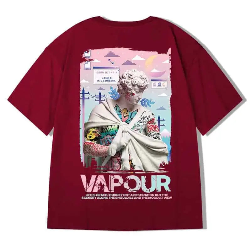 Hip Hop Short Sleeve T Shirt with Oversized Prints Burgundy
