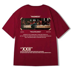Hip Hop Short Sleeve T Shirt with Oversized Prints Burgundy