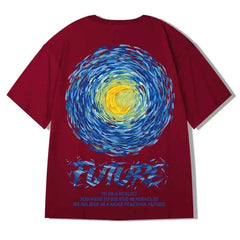 Hip Hop Short Sleeve T Shirt with Oversized Prints Burgundy