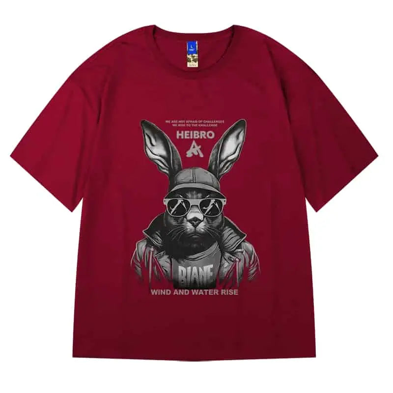 Hip Hop Short Sleeve T Shirt with Oversized Prints Burgundy