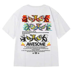 Hip Hop Short Sleeve T Shirt with Oversized Prints White