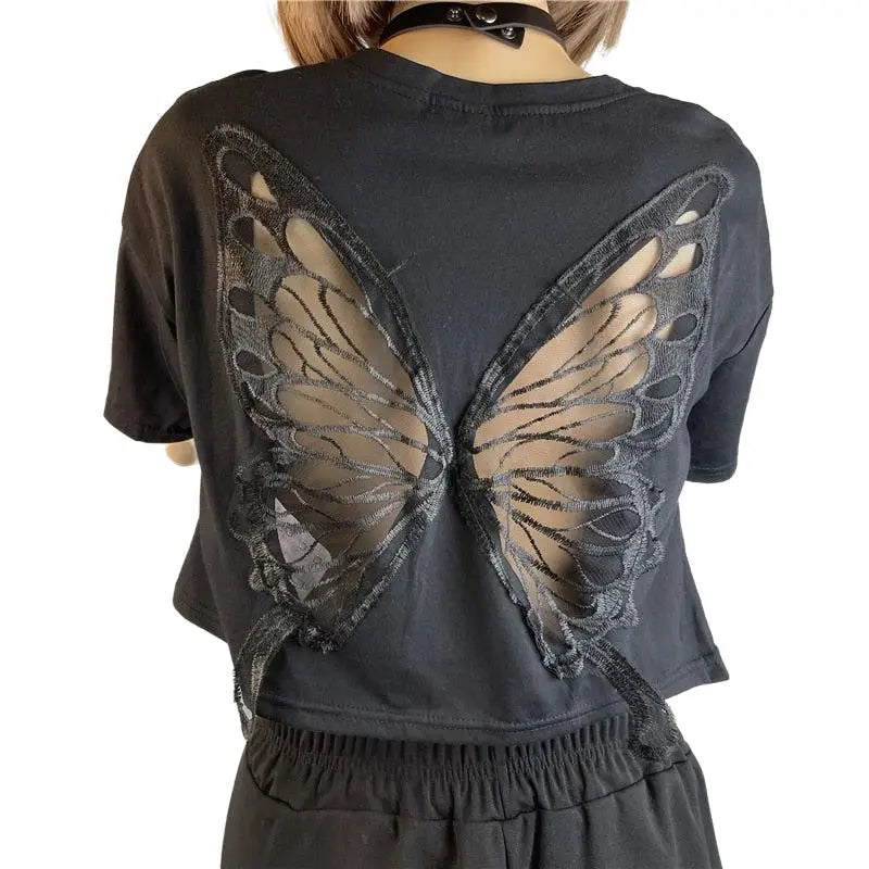 Hollow Out Back Wings Butterfly T-Shirt - Black / S