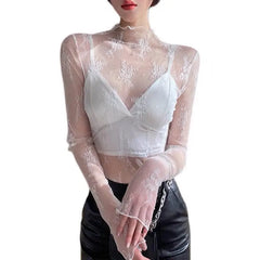 Hollow Out Lace Long Sleeve Turtle Neck Crop-Top