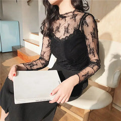 Hollow Out Lace Long Sleeve Turtle Neck Crop-Top