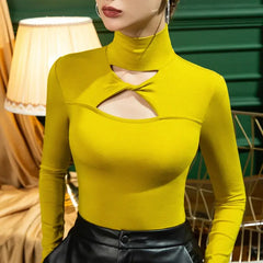 Hollow Out Turtle Neck Long Sleeve Sweater Top