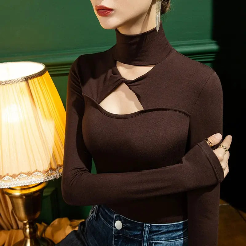 Hollow Out Turtle Neck Long Sleeve Sweater Top