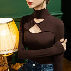 Hollow Out Turtle Neck Long Sleeve Sweater Top