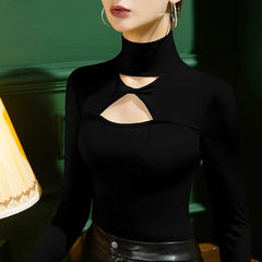 Hollow Out Turtle Neck Long Sleeve Top