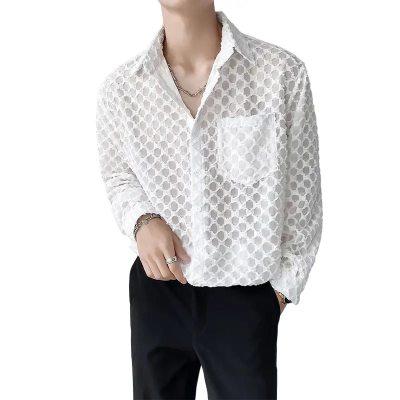 Hollow Plaid Loose Casual Long Sleeve Shirt - White / M