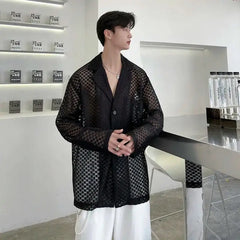 Hollow See Through Long Sleeve Loose Shirt for Women Black