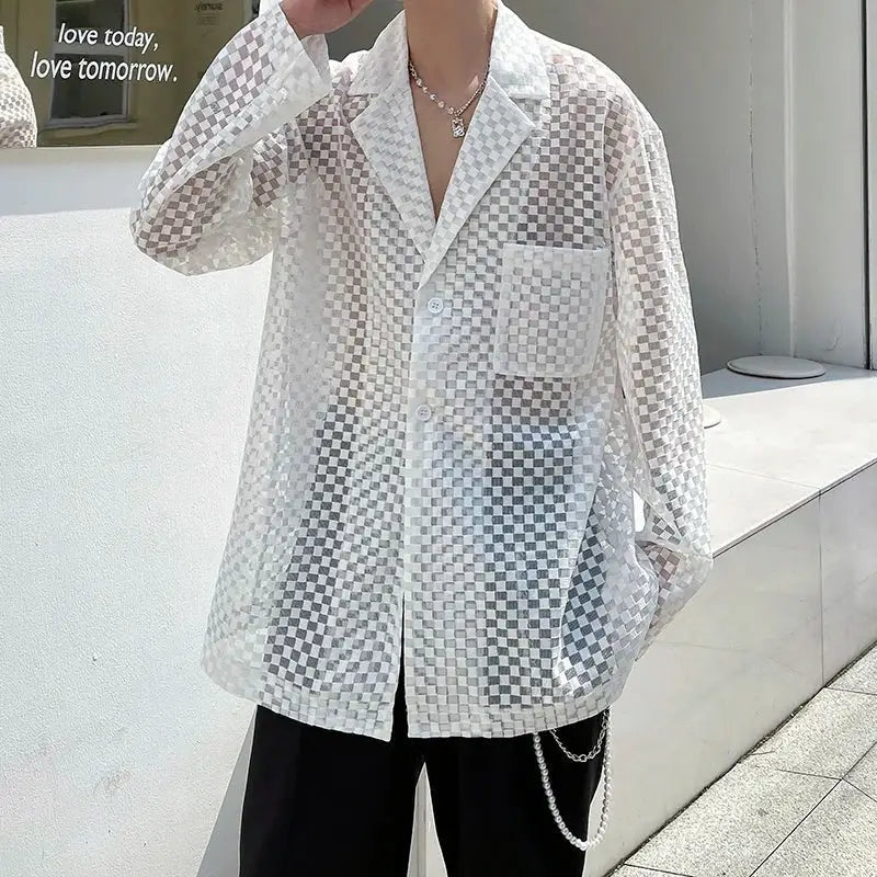 Hollow See Through Long Sleeve Loose Shirts - Shirt