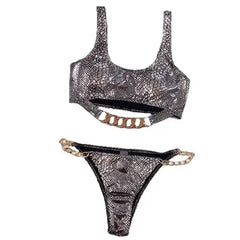 Hollow Strapped Bikini Swimsuit - Silver Gold / S