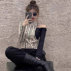 Hollow Stripe Patchwork Long Sleeve Blouse