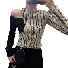 Hollow Stripe Patchwork Long Sleeve Blouse