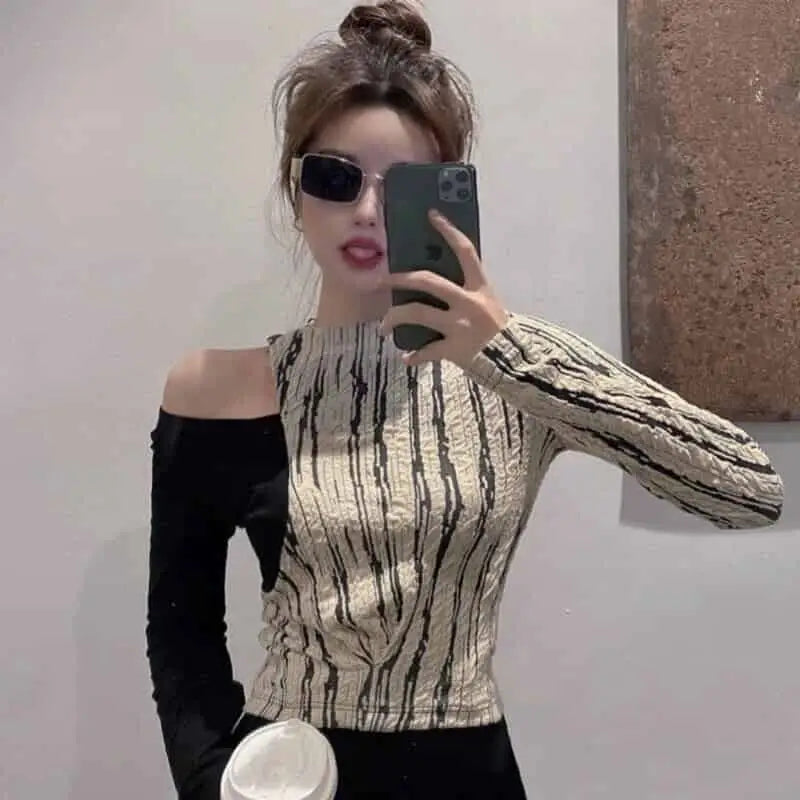 Hollow Stripe Patchwork Long Sleeve Blouse