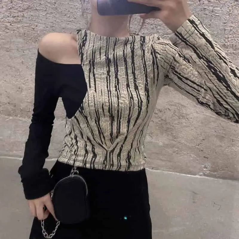 Hollow Stripe Patchwork Long Sleeve Blouse