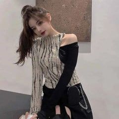 Hollow Stripe Patchwork Long Sleeve Blouse