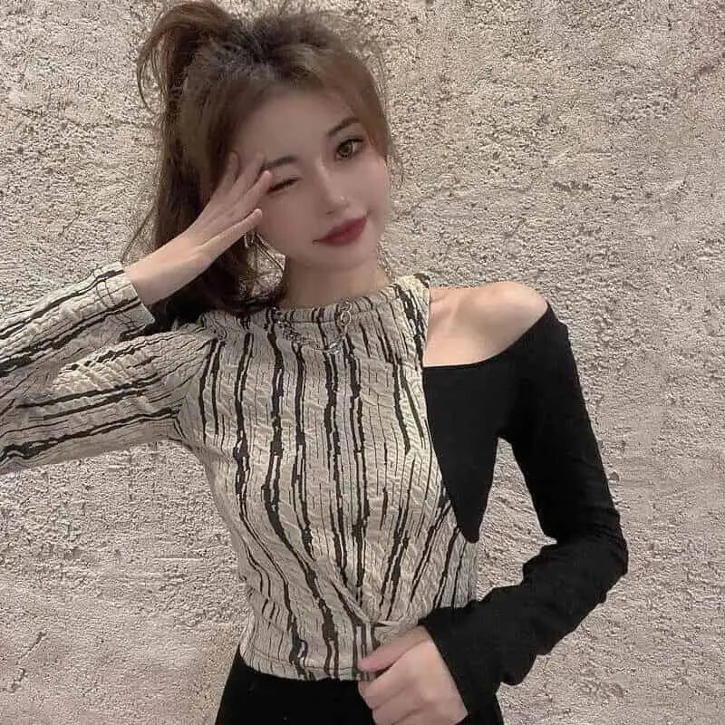 Hollow Stripe Patchwork Long Sleeve Blouse - Black / S