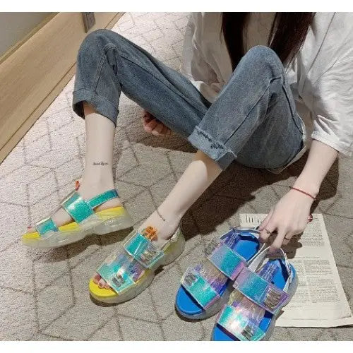 Holographic Laser Sandals with Adjustable Heel Strap Euro