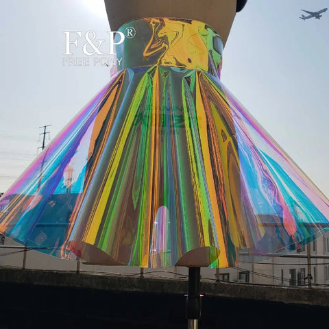Holographic Rainbow Iridescent PVC High Waist Skirt