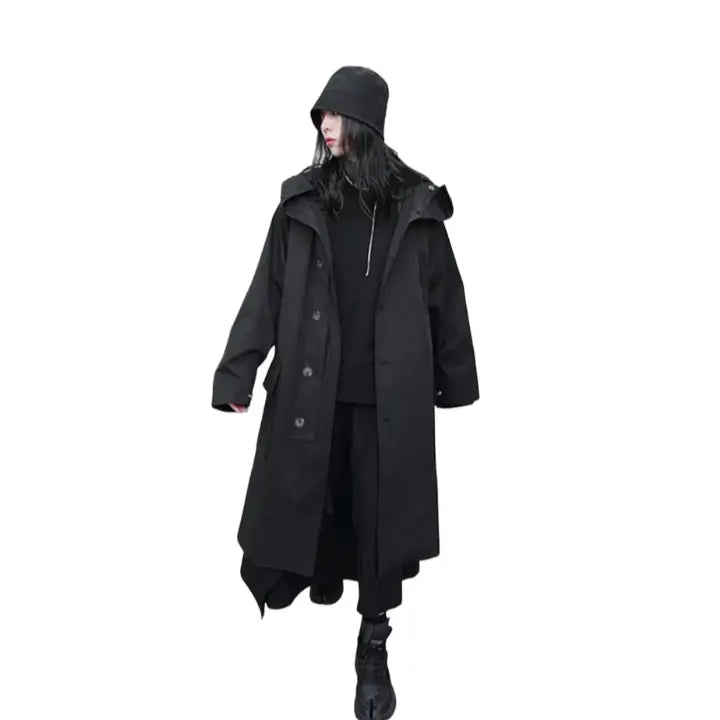 Hooded Black Trench Coat for Men and Women / M
