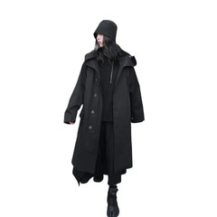 Hooded Black Trench Coat for Men and Women / M