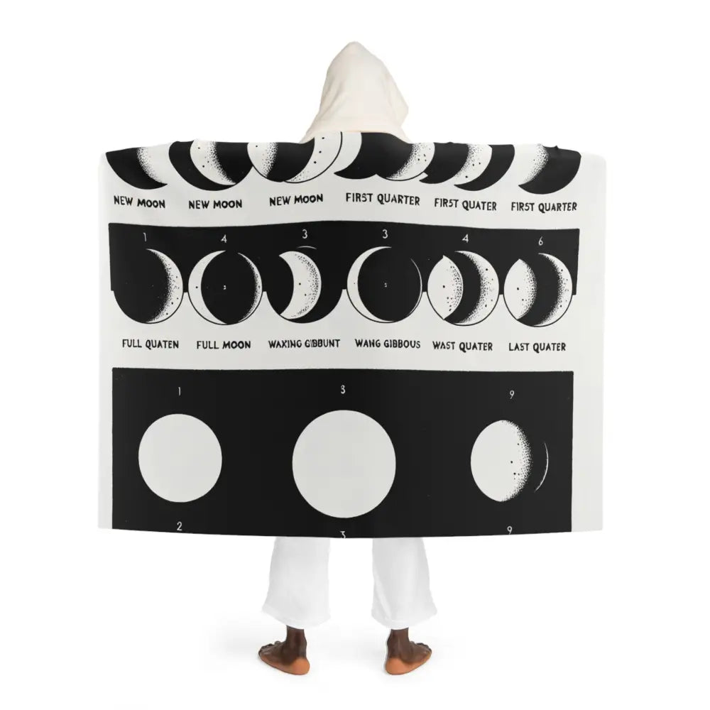 Hooded Sherpa Fleece Blanket Black and White Moon Design