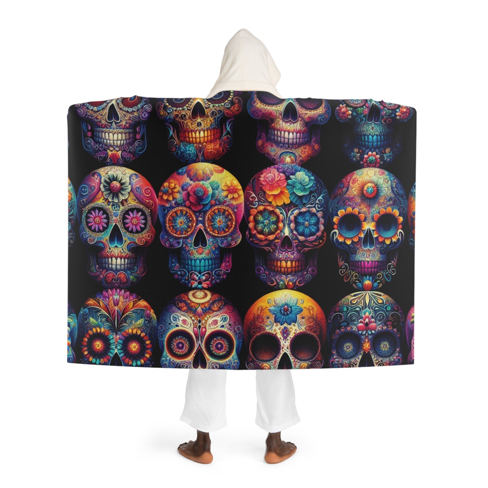 Hooded Sherpa Fleece Blanket Day of the Dead Skulls