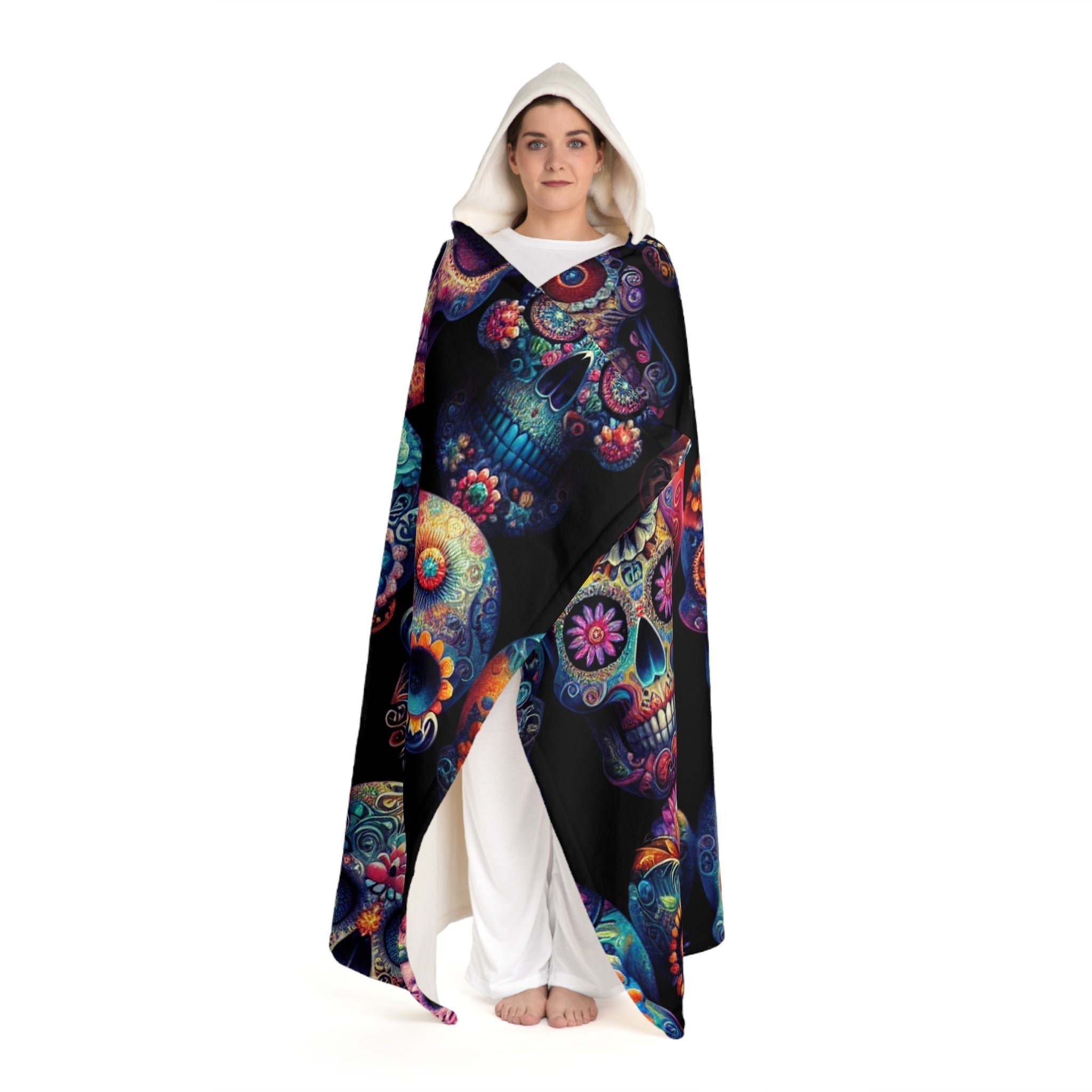 Hooded Sherpa Fleece Blanket Day of the Dead Skulls