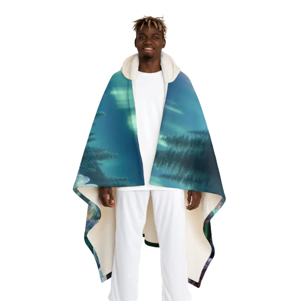 Hooded Sherpa Fleece Blanket Northern Lights Landscape