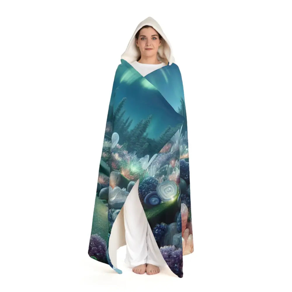 Hooded Sherpa Fleece Blanket Northern Lights Landscape