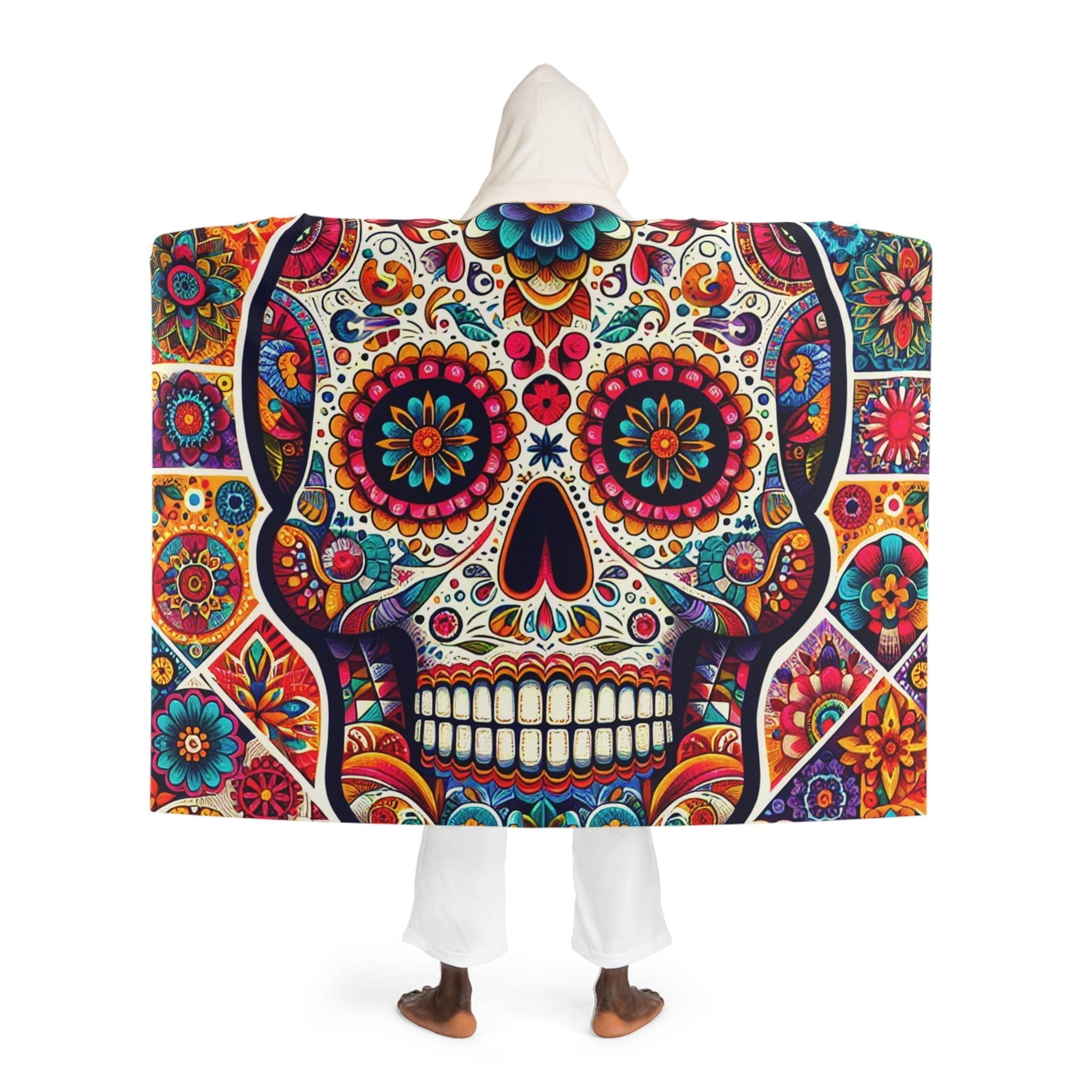 Hooded Sherpa Fleece Blanket Sugar Skull Collage One size