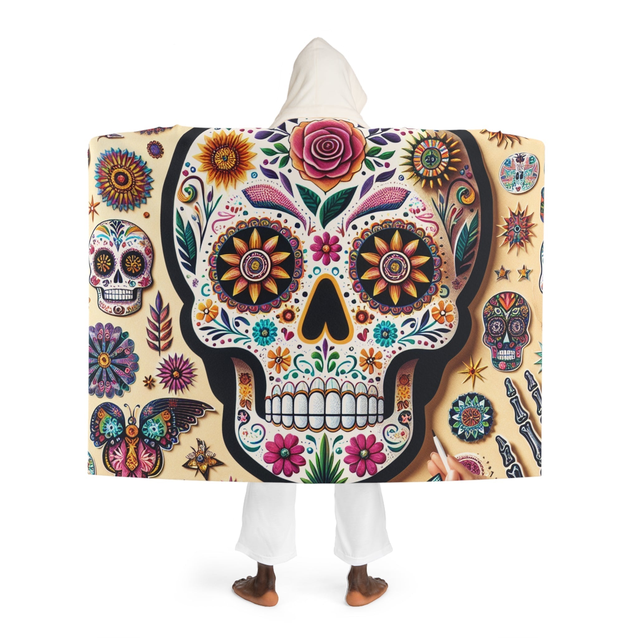 Hooded Sherpa Fleece Blanket Sugar Skull Design One size