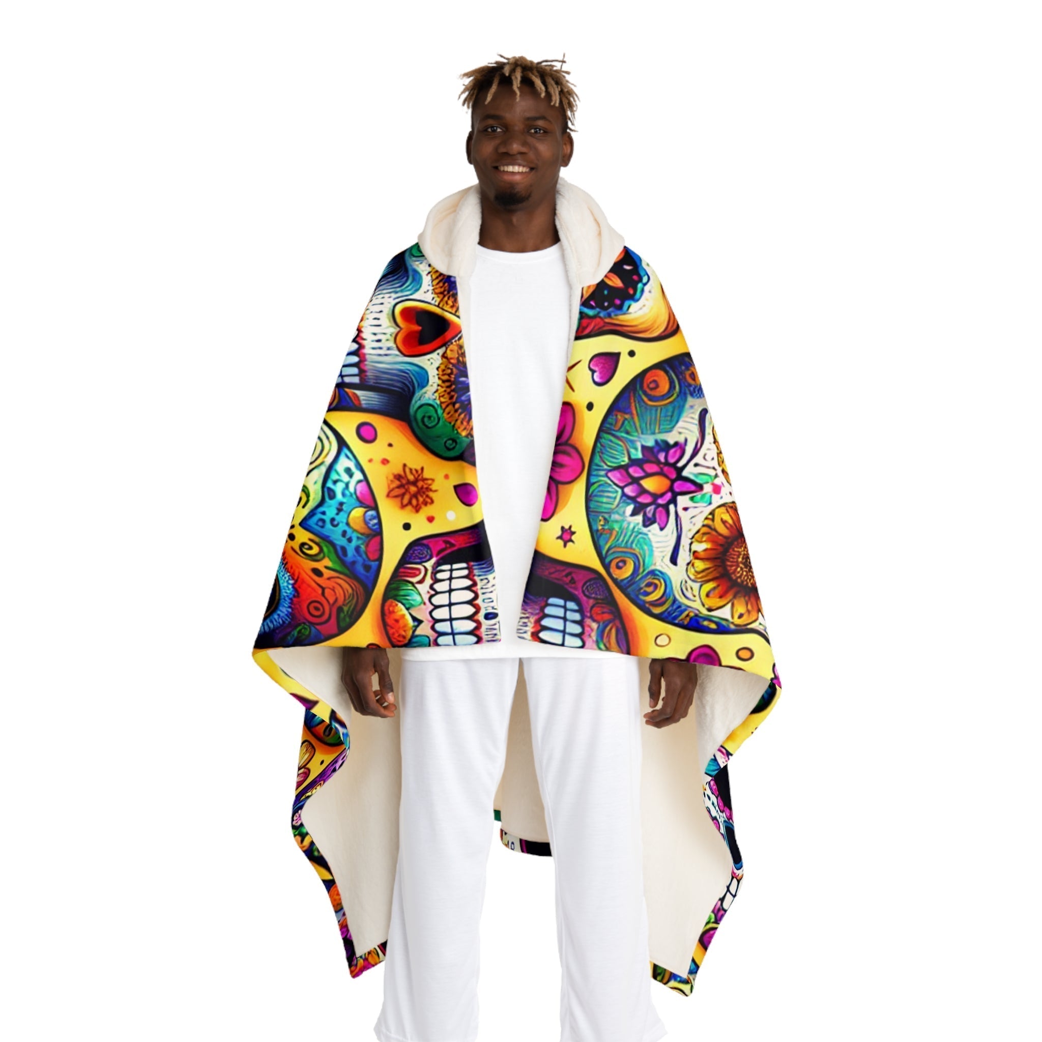 Hooded Sherpa Fleece Blanket Sugar Skull Design One size