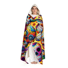 Hooded Sherpa Fleece Blanket Sugar Skull Design One size