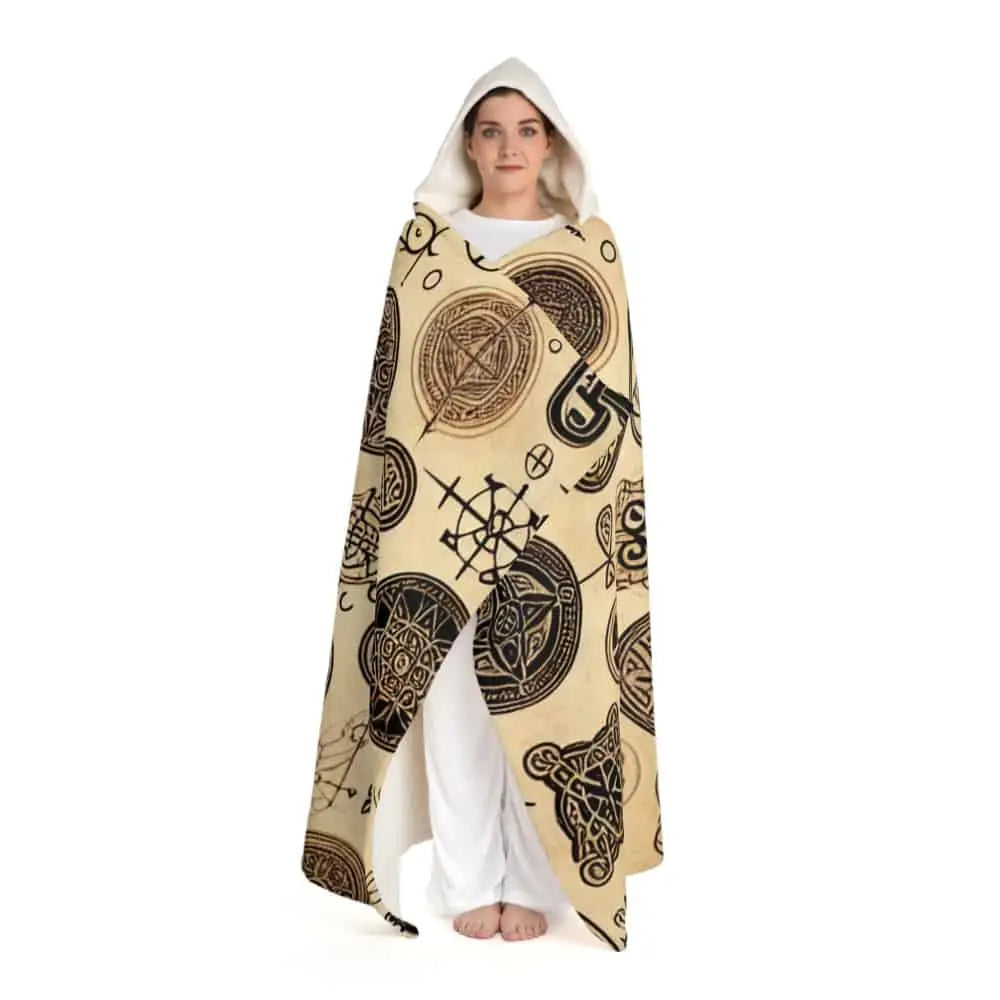 Hooded Sherpa Fleece Blanket with Ancient Symbol Design